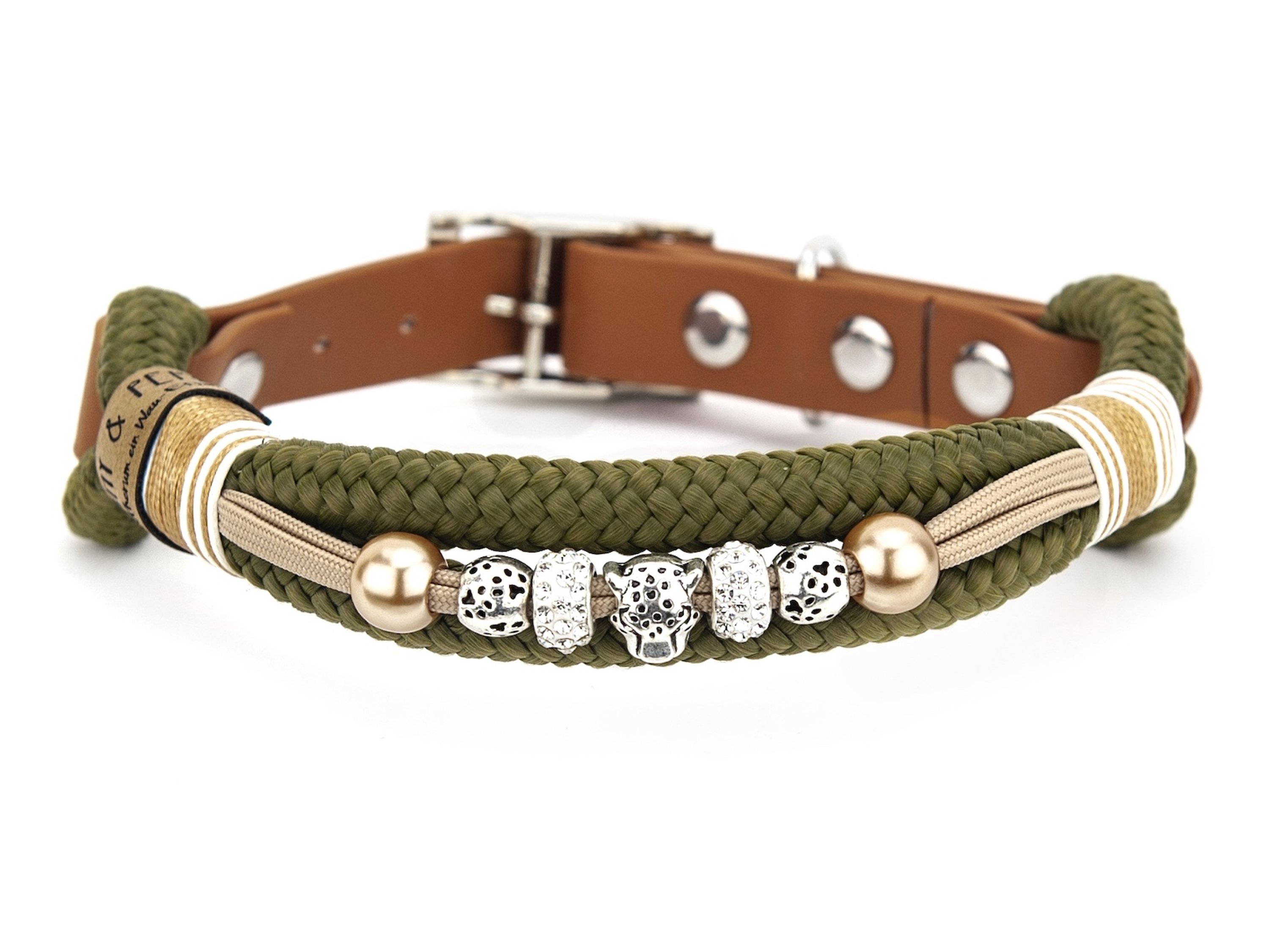 Rope collar with pearls Green Panther XS (20-25cm)
