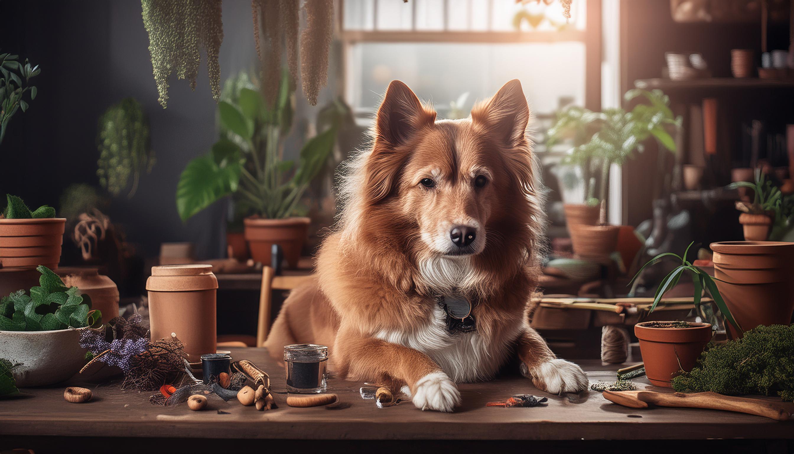 Hund auf Werkbank mit Pflanzlichem Hintergrund